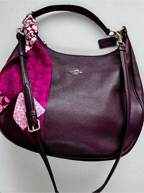 Coach Plum Pebbled Leather Hobo with Pink Scarf Accent